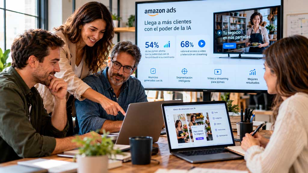 Profesionales de marketing analizan campañas publicitarias con inteligencia artificial en una pequeña empresa.